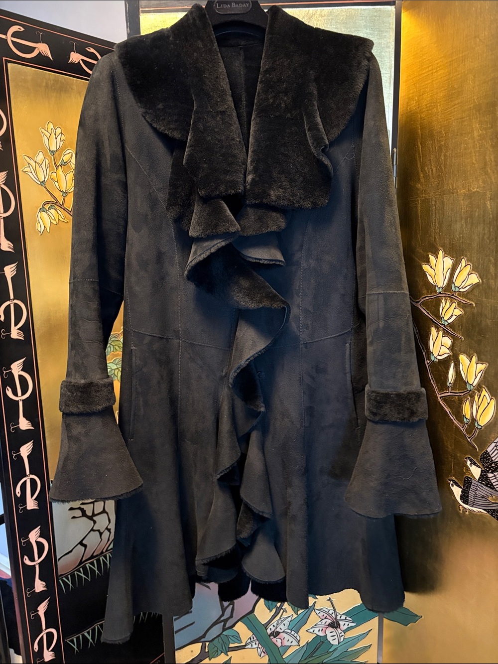 Women's Black Shearling Ruffle Coat